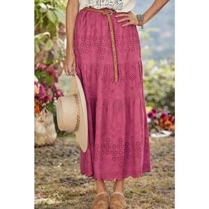 Sundance Bastilla Tiered Pink Eyelet Boho Skirt size L Fuchsia Pink